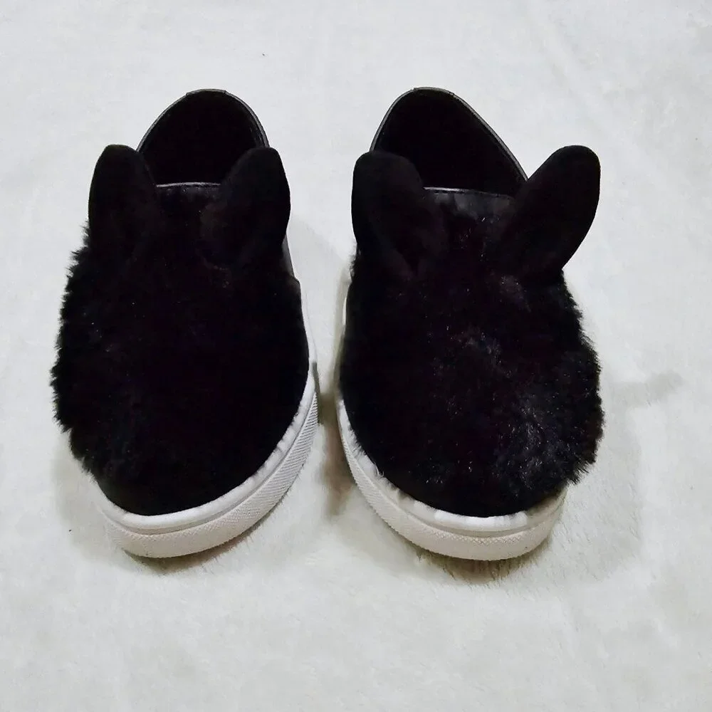 Nina ✦ Bunny Ear Slip-On Shoes ✦ Black Faux Fur Toddler Flats Girls 10 NWT